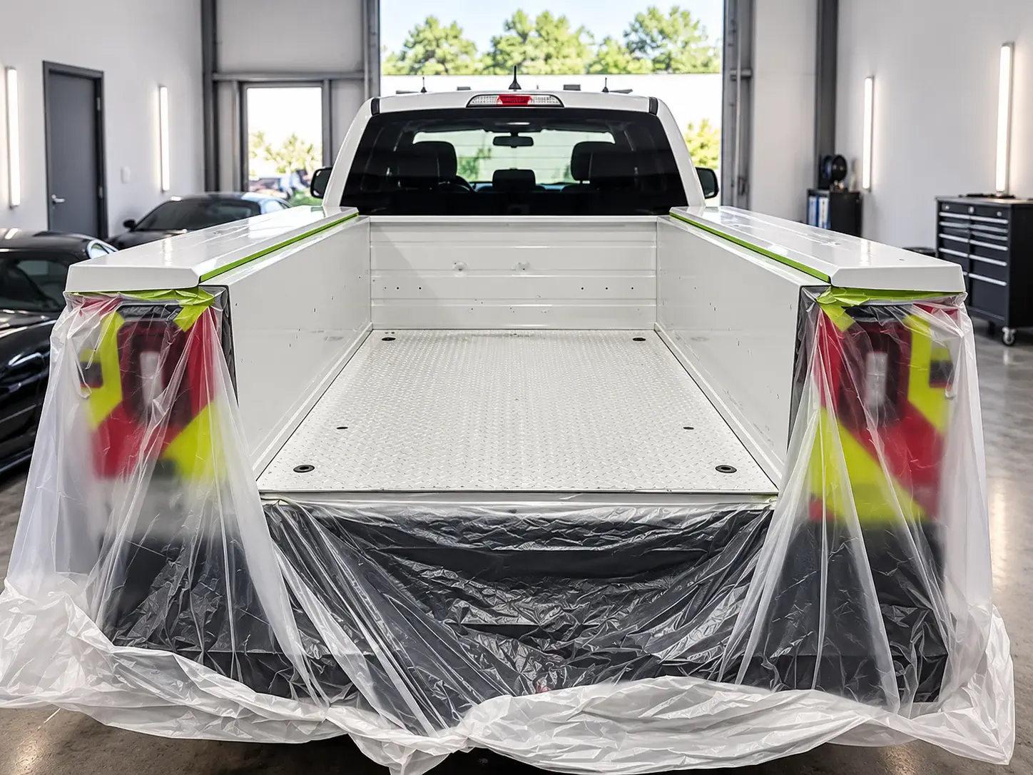 Truck masked before spray-in bedliner application