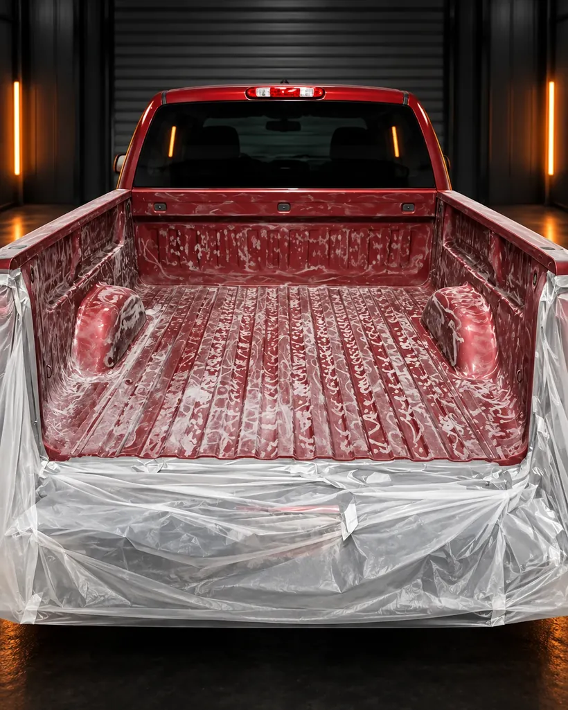 Truck bed carefully masked and prepared